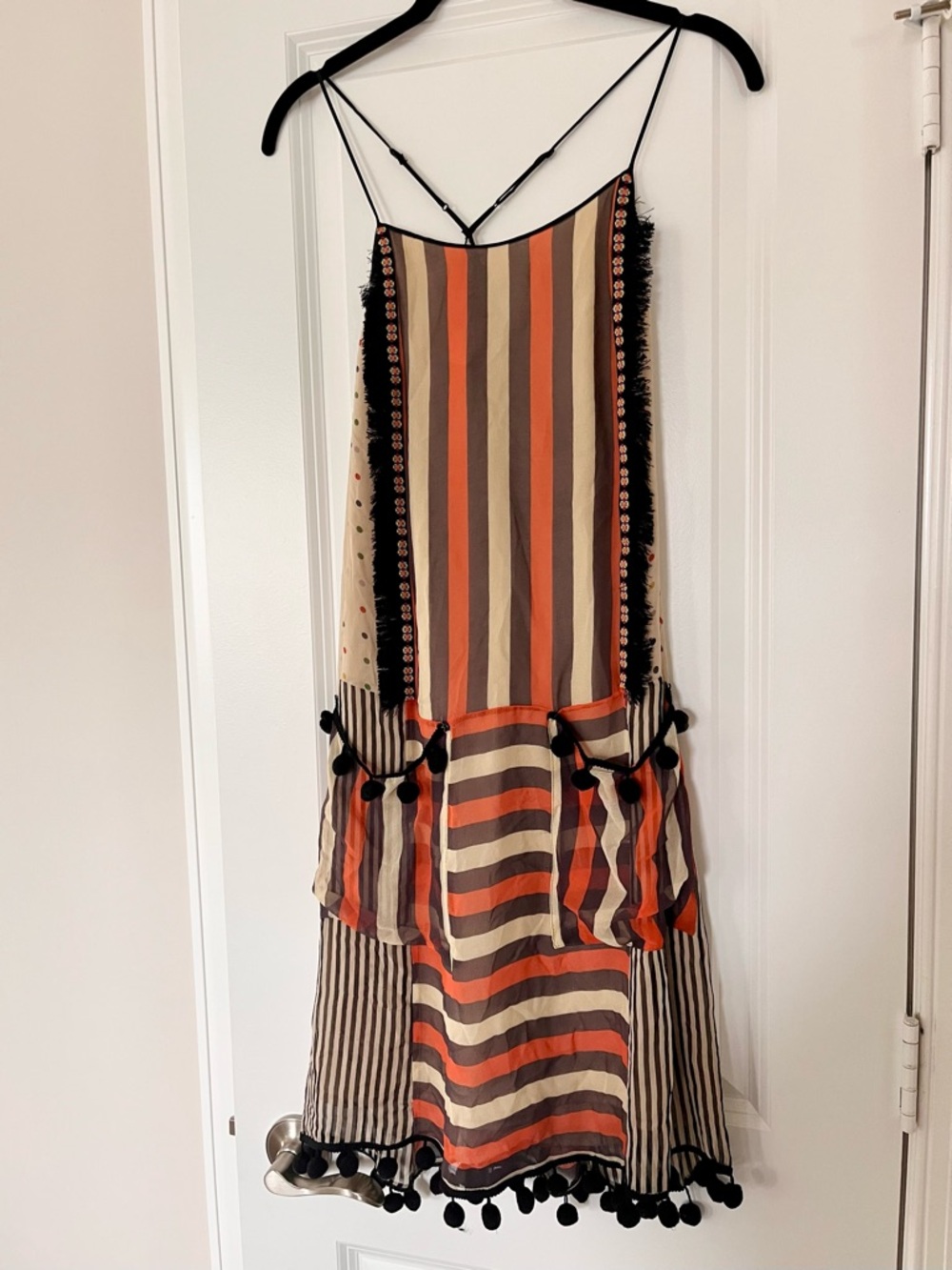Anthropologie 100% Silk Striped Pom-Pom Slip Dress in Orange, Tan and Black
